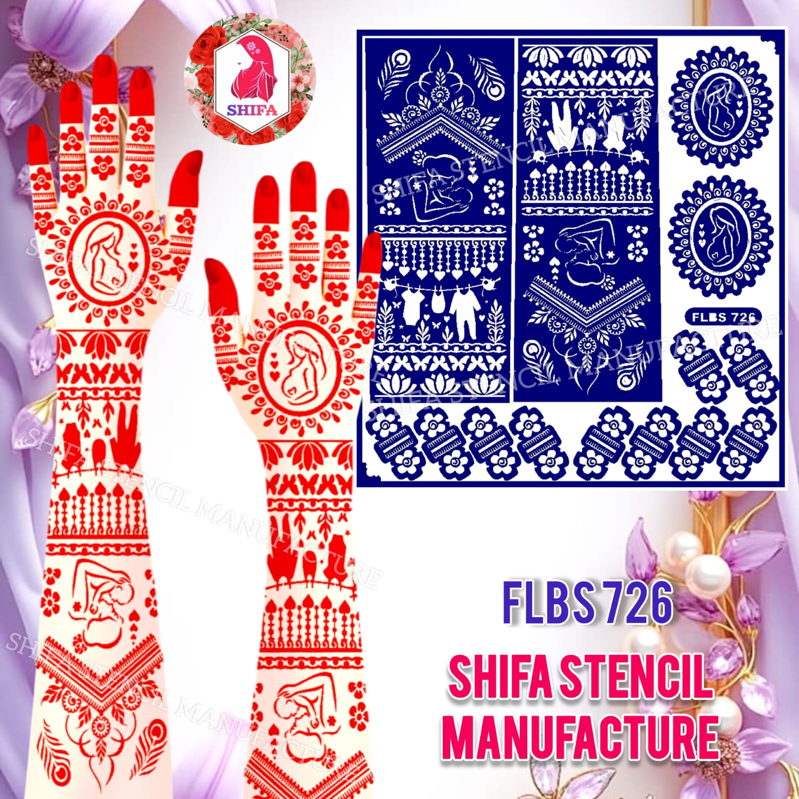 FLBS 726 Maa Shakti Blessings Mehndi Sticker Overview Henna Stencil - Shifa Stencil